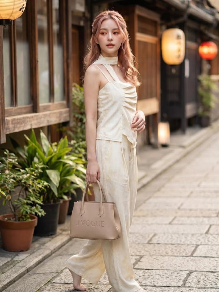 不规则开叉吊带 + 阔腿休闲裤套装