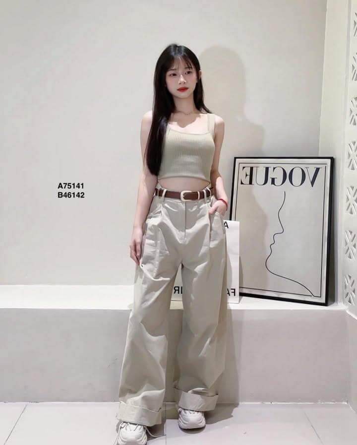 欧美纯色高腰阔腿裤