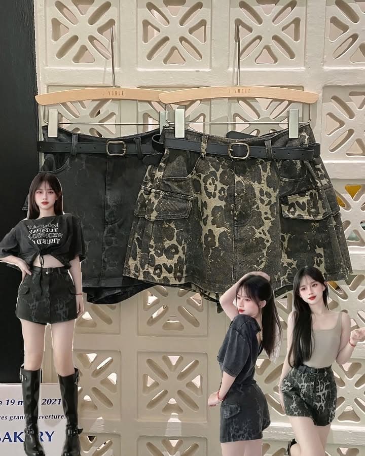 美式辣妹风短款豹纹牛仔短裙