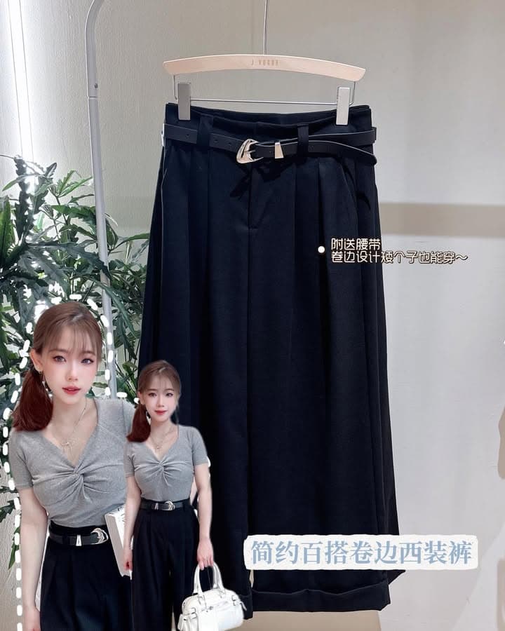 韩版“直筒卷边”阔腿长裤