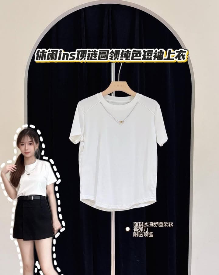 休闲ins项链圆领纯色短袖上衣