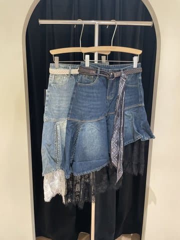 秋季·小众拼接蕾丝牛仔半身裙